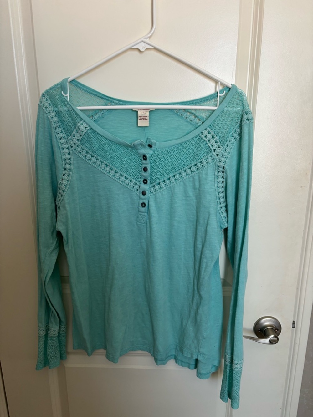 Sundance Aqua Crochet-Trim Henley Long-Sleeve Top